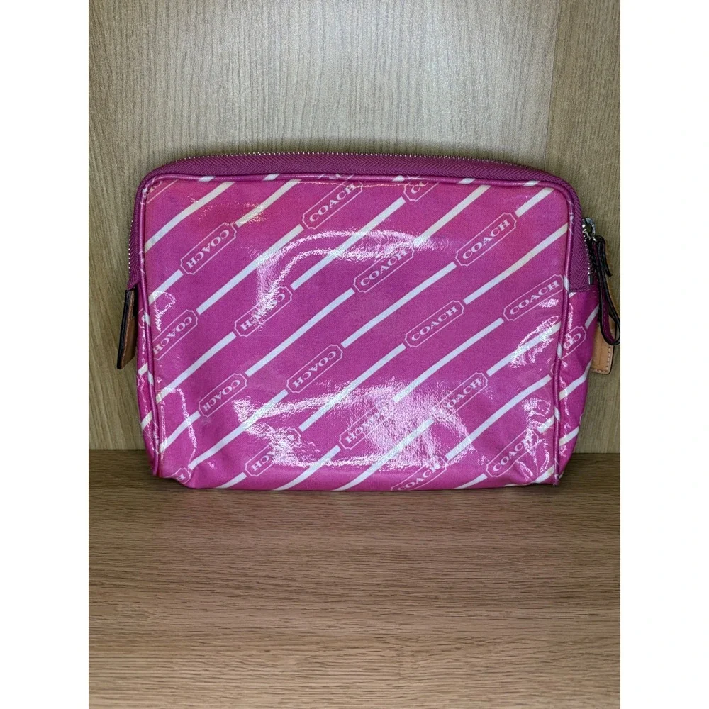 Coach Pink Logo Stripe Cosmetic Case Medium